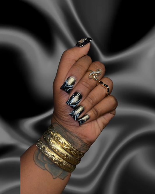 Black Nouveau  | 90s Press-On Nails | Handmade Nails | Reusable
